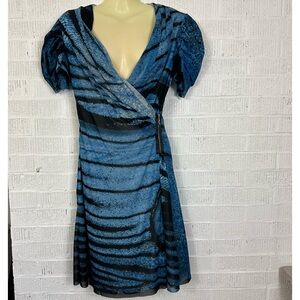 Vivienne Tam Vintage Blue Black Abstract Print Mesh Wrap Mini Dress Size Medium